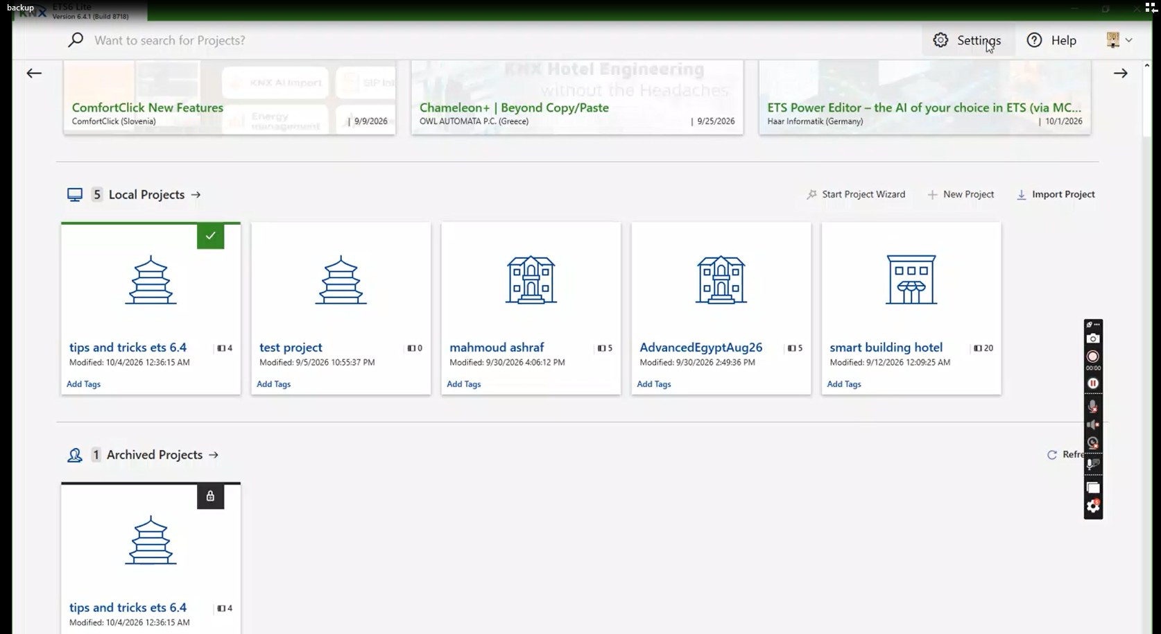 المشروع في Local Projects، ونسخته في Archived Projects