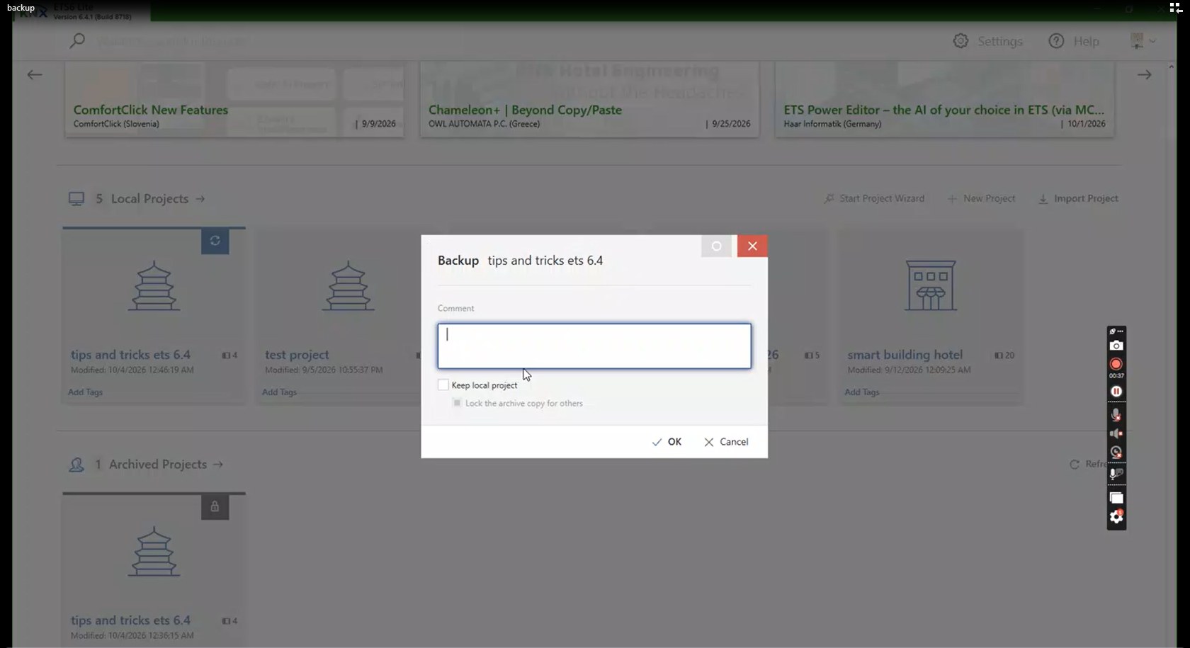 نافذة Backup: تقدر تكتب Comment، وتختار Keep local project