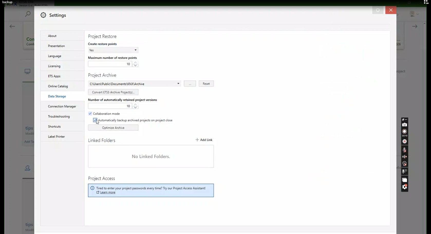 Automatically backup archived projects on project close